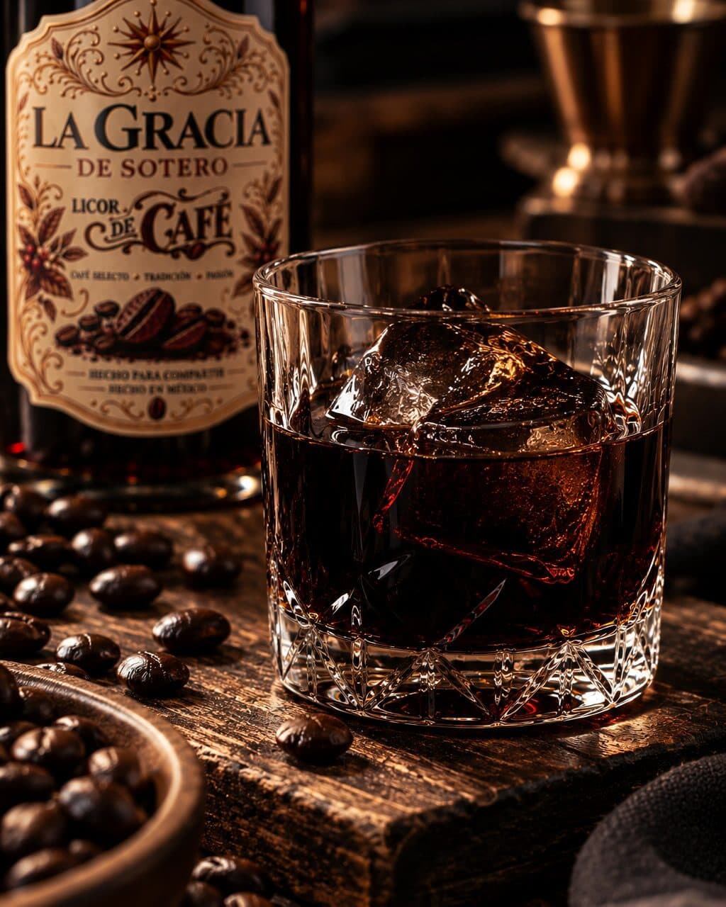 Licor de Café servido con hielo en un vaso tallado