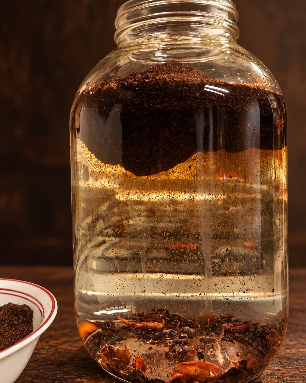 Un frasco de vidrio con café recién molido que flota y se hunde en el líquido; al lado, un cuenco con café molido.