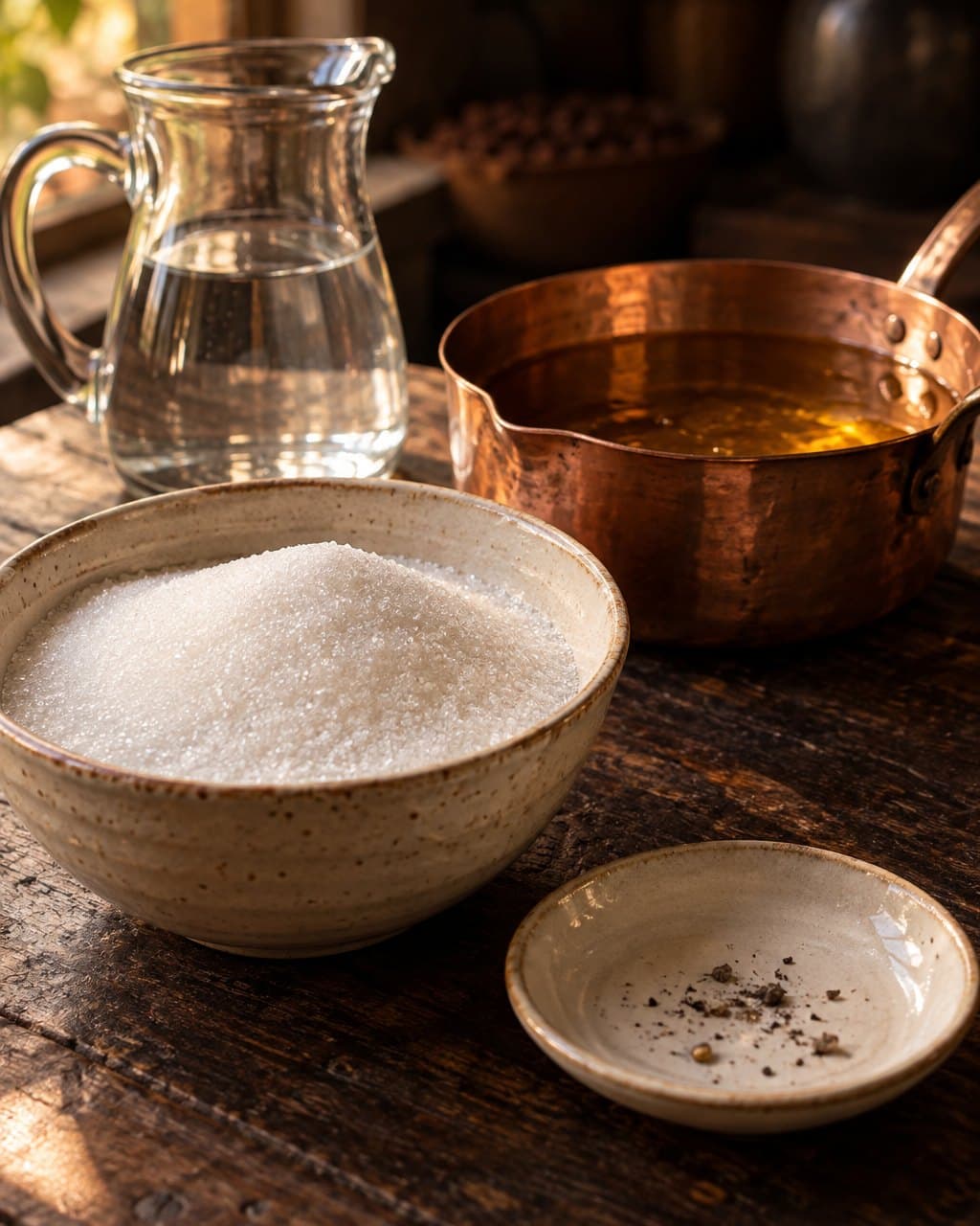 Un cuenco de azúcar, un platito con las impurezas que se le sacaron, una olla de cobre con jarabe y una jarra de agua.