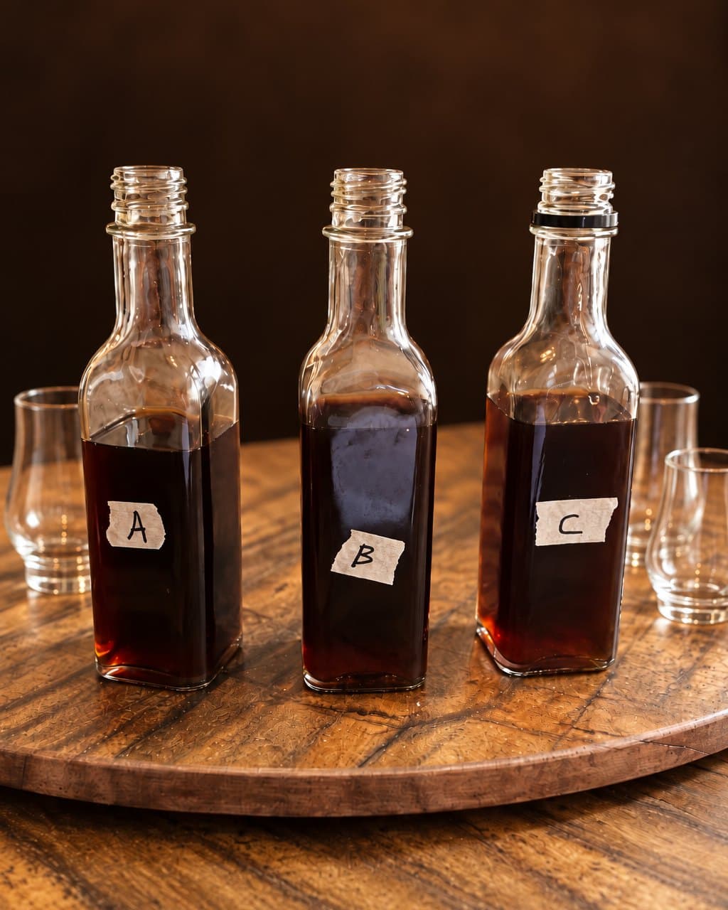Tres botellitas de muestra con cintas escritas a mano, A, B y C, y vasitos de cata sobre una bandeja de madera.