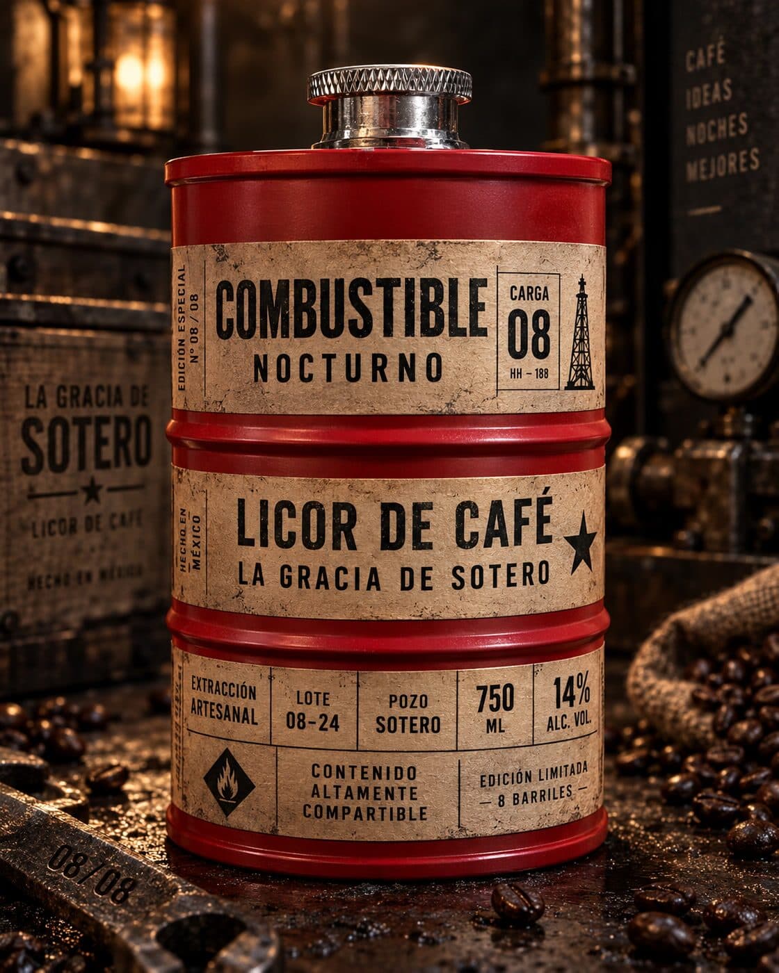 Combustible Nocturno, licor de café en su barril rojo