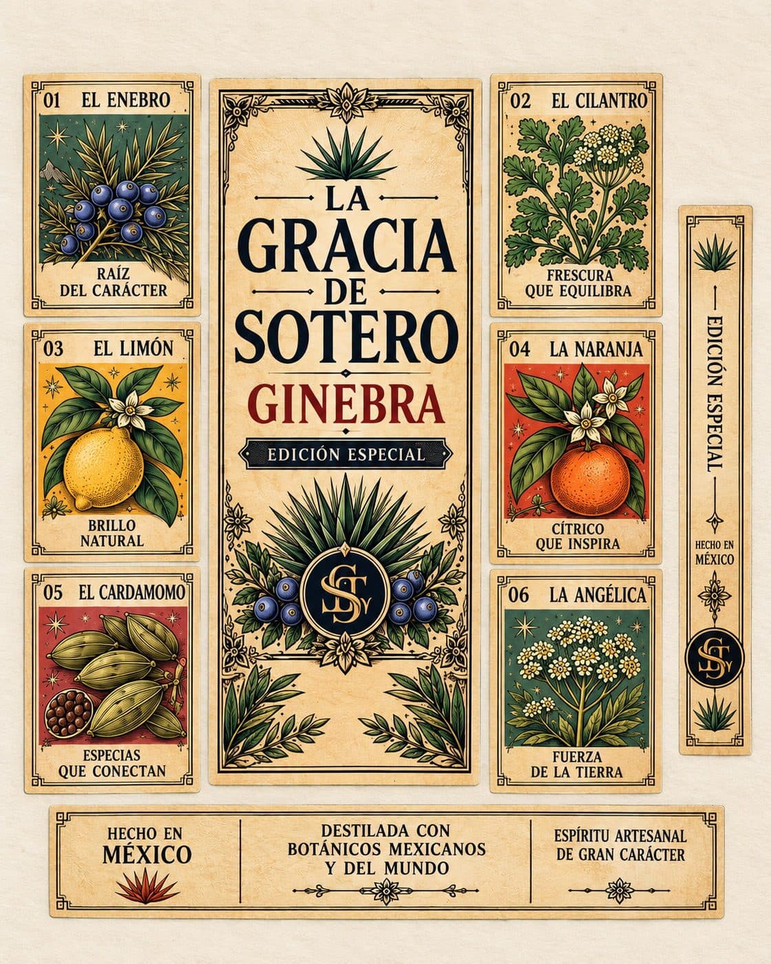 Las seis cartas de la etiqueta de la ginebra: enebro, cilantro, limón, naranja, cardamomo y angélica